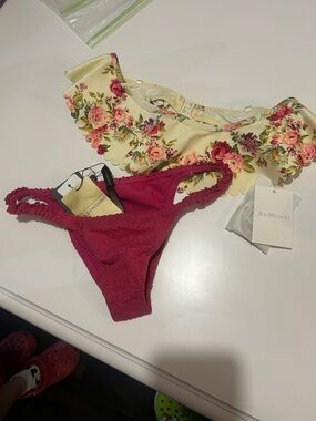 Zimmermann Cream Floral Off-Shoulder Bandeau & Raspberry Pink Bikini Bottom